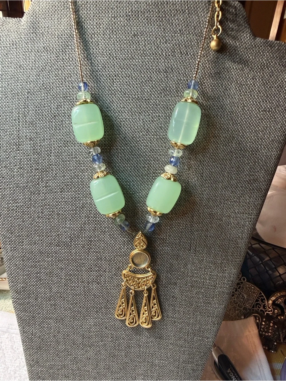George Gold-Tone Filigree Pendant Necklace with Mint Green and Blue Glass Beads